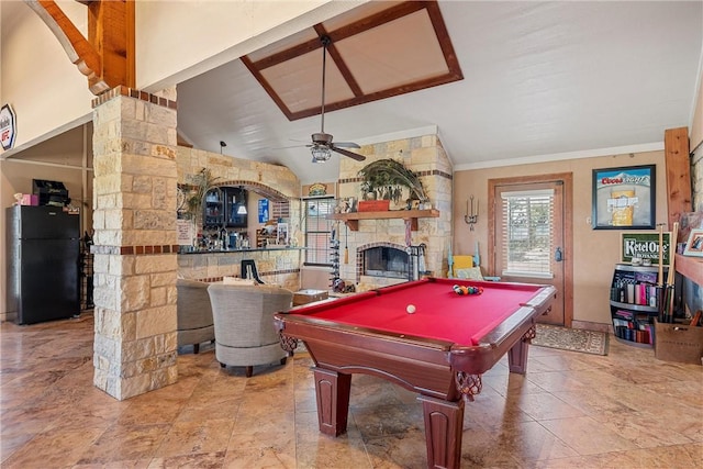 game room featuring high vaulted ceiling, ceiling fan, a stone fireplace, and billiards