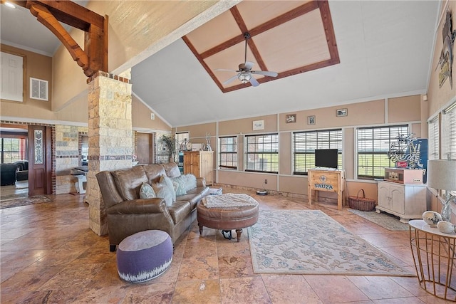 living room featuring high vaulted ceiling, plenty of natural light, and ceiling fan