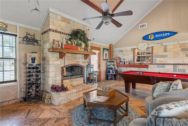 playroom featuring ceiling fan, high vaulted ceiling, crown molding, a fireplace, and pool table