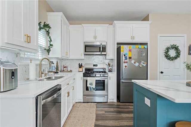 kitchen with tasteful backsplash, stainless steel appliances, sink, dark hardwood / wood-style floors, and white cabinetry