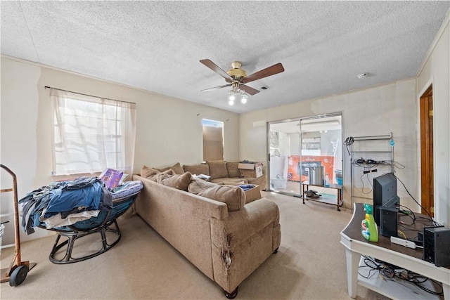 carpeted living room with ceiling fan, plenty of natural light, and a textured ceiling