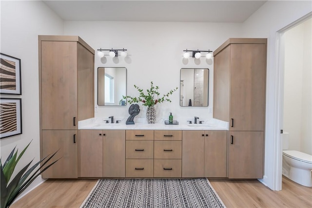 bathroom featuring wood-type flooring, vanity, and toilet