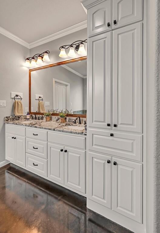 bathroom with vanity, hardwood / wood-style flooring, and ornamental molding