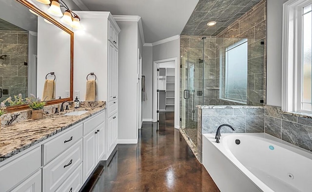 bathroom featuring vanity, separate shower and tub, concrete floors, and crown molding