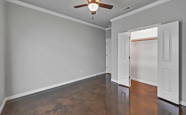 unfurnished bedroom with a closet, ceiling fan, and ornamental molding