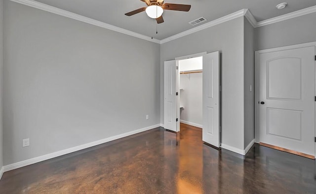 unfurnished bedroom with ceiling fan and ornamental molding