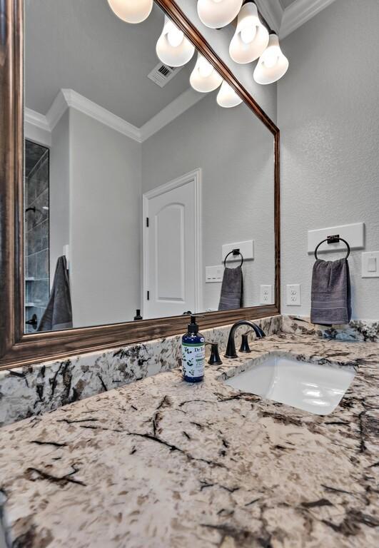 bathroom with vanity and crown molding