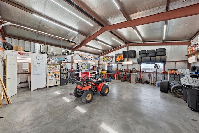 garage with a workshop area