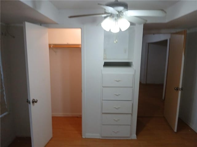 interior space featuring a closet, ceiling fan, light hardwood / wood-style flooring, and a walk in closet