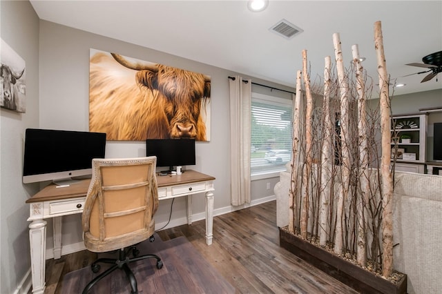 office with ceiling fan and dark wood-type flooring