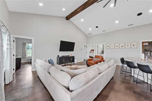 living room with beam ceiling, high vaulted ceiling, and ceiling fan