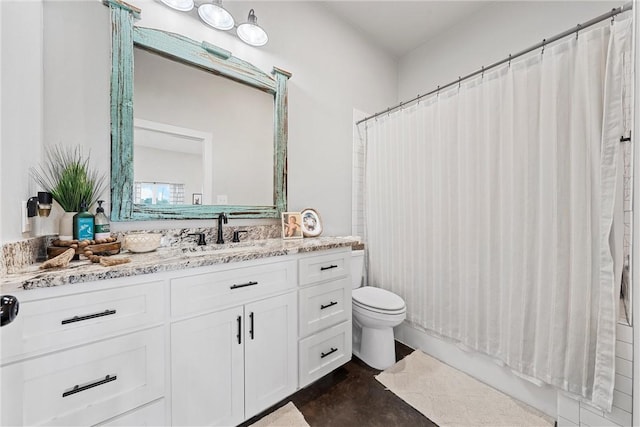 full bathroom featuring shower / tub combo, vanity, toilet, and concrete floors