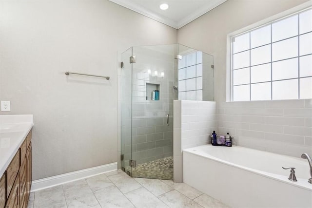 bathroom featuring tile patterned floors, vanity, shower with separate bathtub, and crown molding