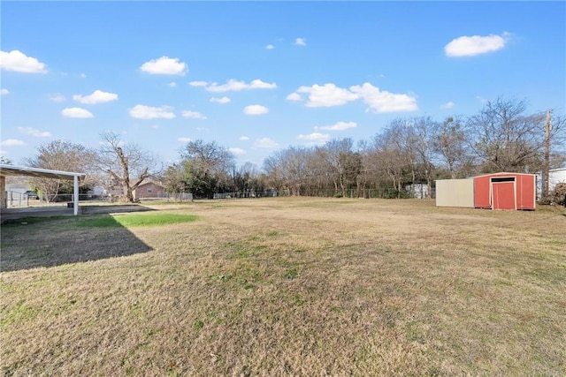 view of yard featuring a storage shed