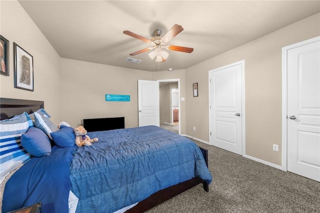 bedroom featuring a ceiling fan, carpet, visible vents, and baseboards