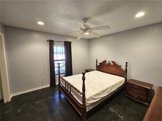 bedroom with baseboards, recessed lighting, ceiling fan, concrete flooring, and a textured ceiling