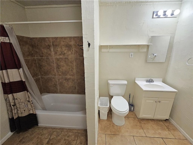 bathroom featuring vanity, baseboards, shower / bath combination with curtain, tile patterned floors, and toilet