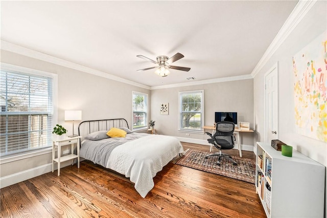 bedroom with ceiling fan, crown molding, and dark hardwood / wood-style floors