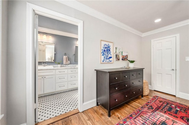 interior space with connected bathroom, crown molding, light hardwood / wood-style flooring, and sink