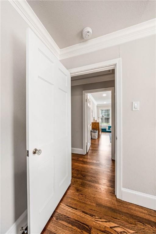 corridor with dark hardwood / wood-style floors and ornamental molding