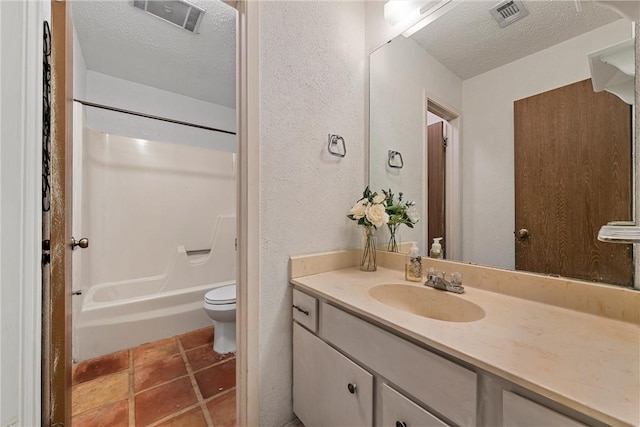 full bathroom with a textured ceiling, vanity, shower / bath combination, and toilet