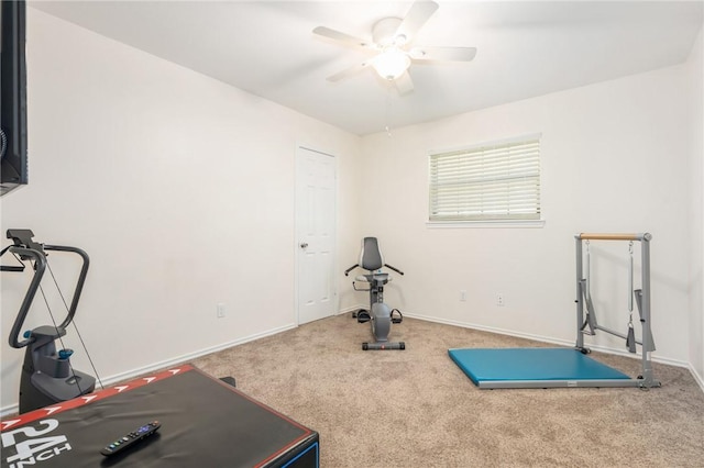 workout room with carpet flooring and ceiling fan