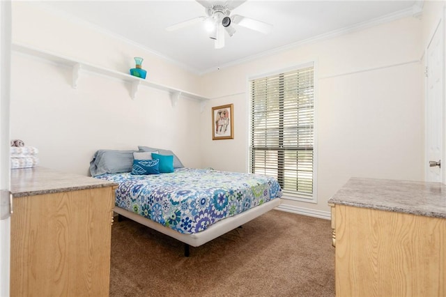 bedroom featuring light carpet, ceiling fan, and ornamental molding