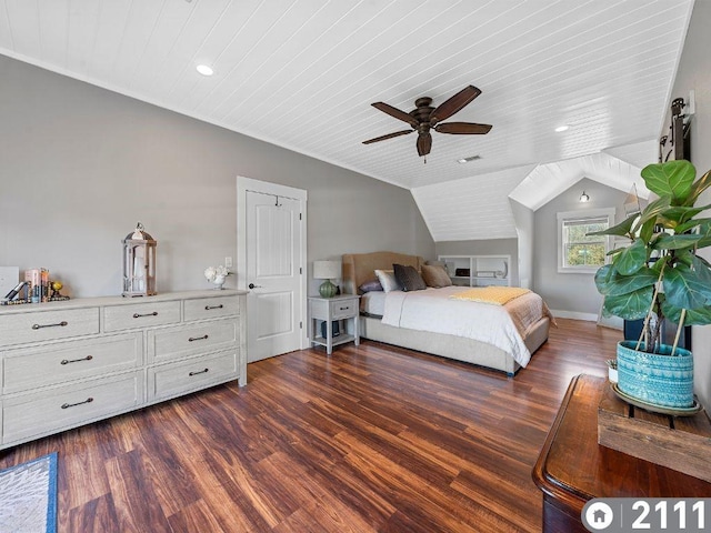 bedroom with wood ceiling, ceiling fan, lofted ceiling, and dark hardwood / wood-style flooring