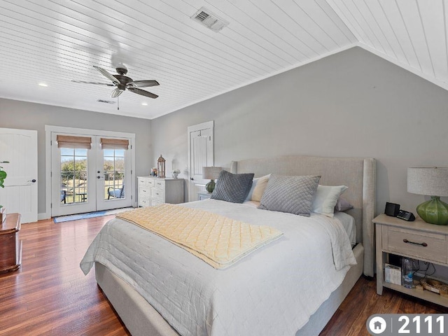 bedroom with ceiling fan, dark hardwood / wood-style flooring, access to outside, wooden ceiling, and french doors