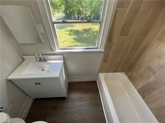 bathroom with wood-type flooring, vanity, and toilet