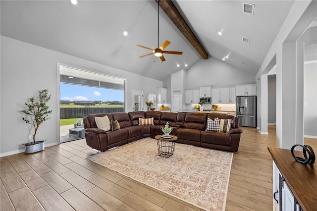 living room featuring high vaulted ceiling, beam ceiling, visible vents, and light wood-style floors