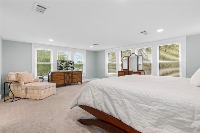 bedroom with multiple windows and light carpet