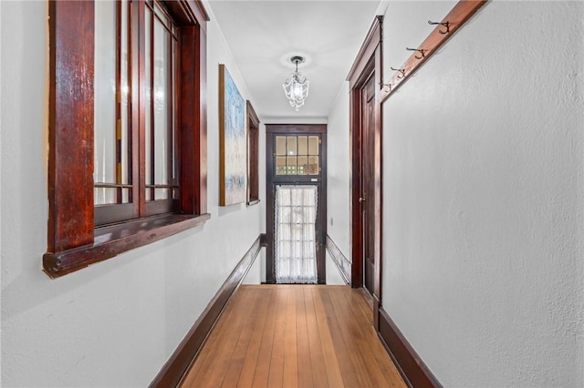 hallway featuring hardwood / wood-style floors and an inviting chandelier