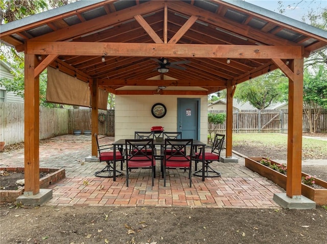 view of patio / terrace with a gazebo and ceiling fan