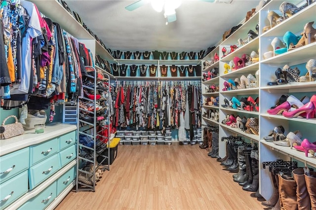 walk in closet featuring light hardwood / wood-style flooring and ceiling fan