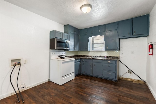 kitchen with sink, dark hardwood / wood-style floors, decorative backsplash, a textured ceiling, and white range with electric stovetop