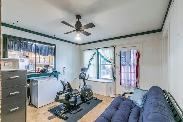 workout room with ceiling fan, ornamental molding, and sink