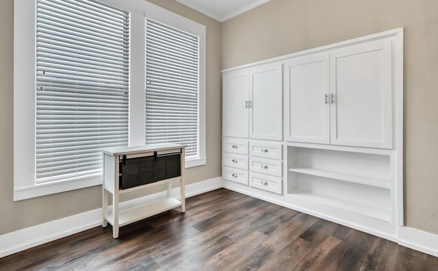 interior space with dark hardwood / wood-style floors and crown molding