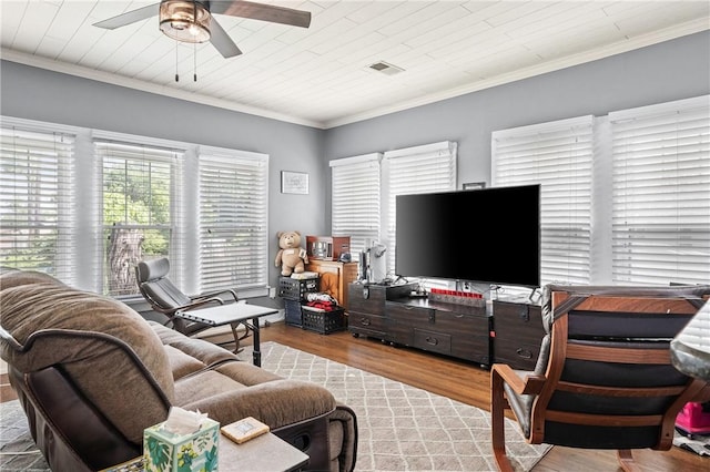 living room with wood ceiling, crown molding, ceiling fan, and light hardwood / wood-style floors