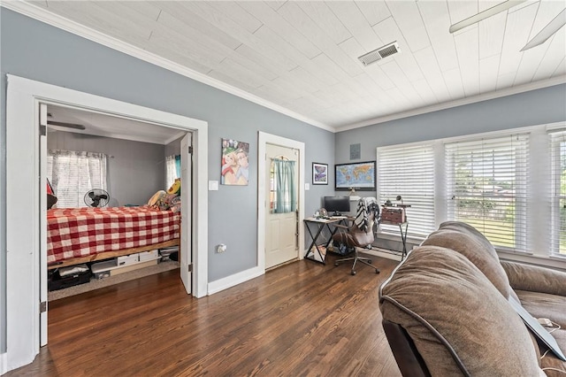 office area with dark hardwood / wood-style flooring and ornamental molding