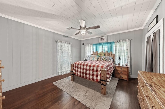 bedroom with ceiling fan, wooden ceiling, dark wood-type flooring, wood walls, and ornamental molding