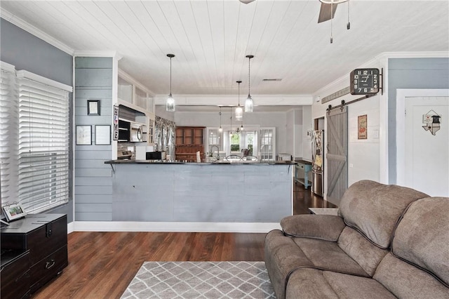 kitchen featuring appliances with stainless steel finishes, dark hardwood / wood-style flooring, ornamental molding, a barn door, and hanging light fixtures