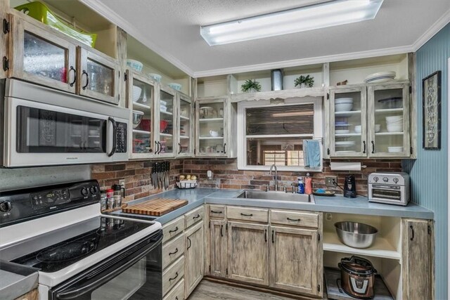 kitchen with a sink, electric range oven, glass insert cabinets, stainless steel microwave, and light wood-type flooring