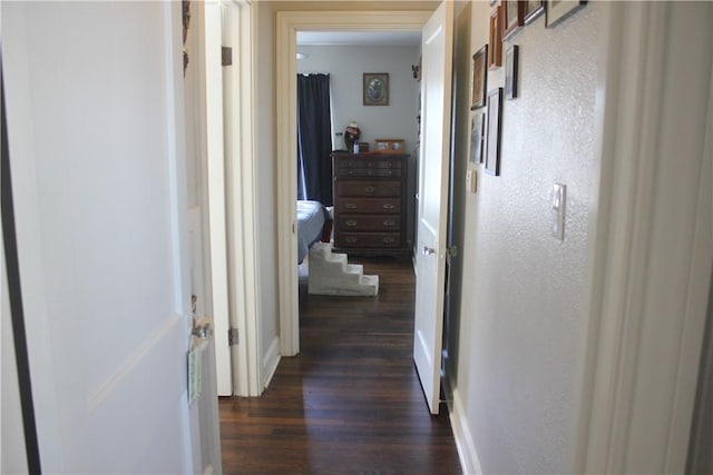 hallway with dark hardwood / wood-style flooring