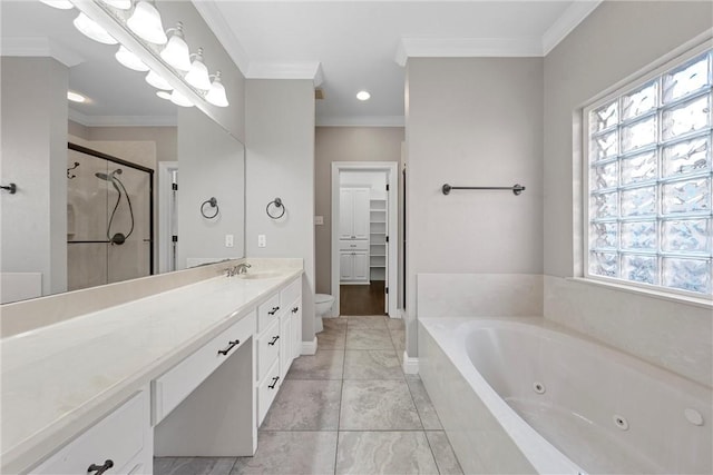 bathroom with a jetted tub, a stall shower, crown molding, and vanity