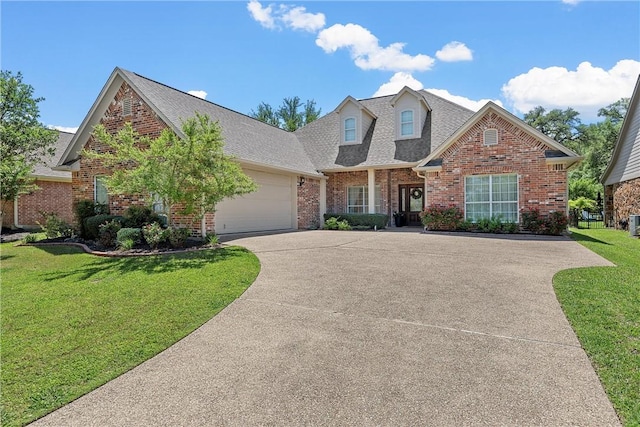 view of front of property with an attached garage, brick siding, driveway, roof with shingles, and a front yard