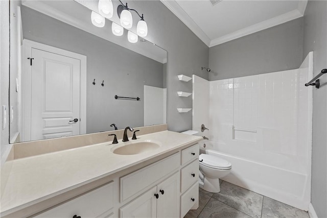 full bathroom featuring shower / bathtub combination, vanity, toilet, and crown molding