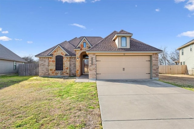 view of front of home featuring an attached garage, fence, a front lawn, and concrete driveway