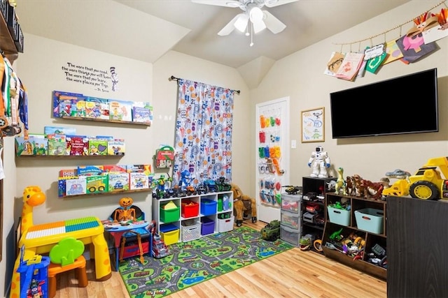 game room featuring ceiling fan and wood finished floors