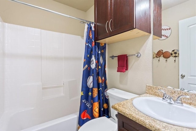 full bath featuring vanity, shower / bath combination with curtain, and toilet